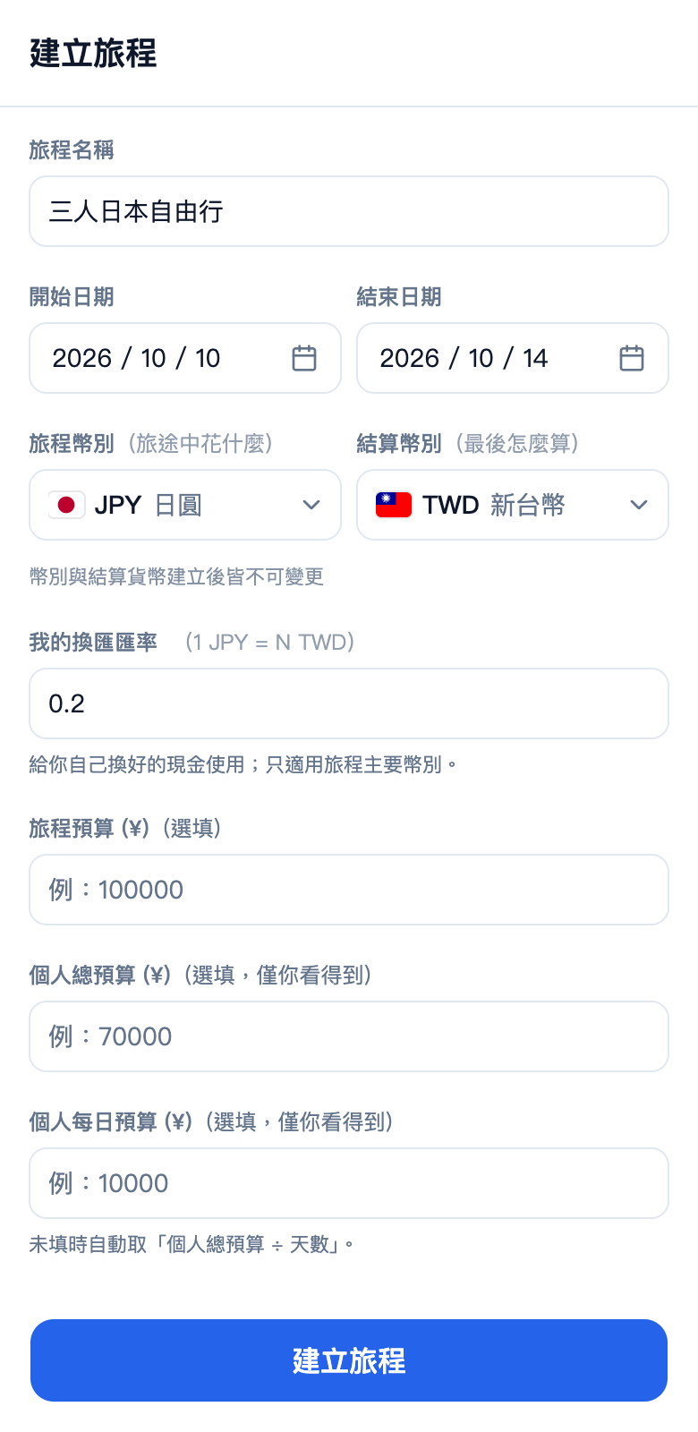 建立旅程畫面:三人日本自由行,旅程幣別 JPY、結算幣別 TWD,換匯匯率 0.2